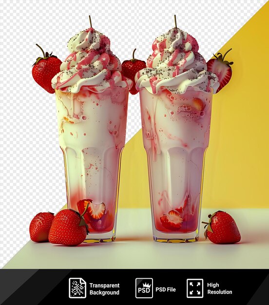 PSD milk shakes psd avec des fraises et du citron focus sélectif sur un fond transparent contre un mur jaune png