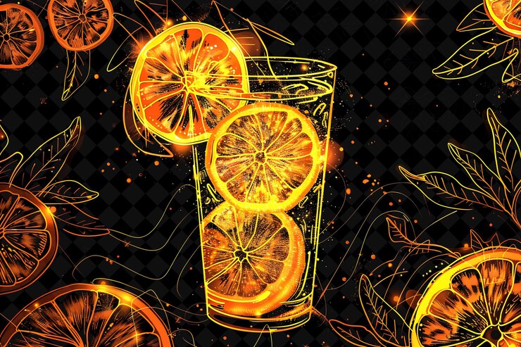 PSD mimosa de amanecer naranja brillante con rebanadas de naranja en cascada un color neón comida bebida colección y2k