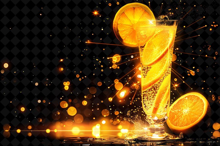 PSD mimosa de amanecer naranja brillante con rebanadas de naranja en cascada un color neón comida bebida colección y2k
