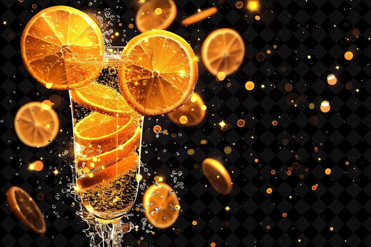 PSD mimosa de amanecer naranja brillante con rebanadas de naranja en cascada un color neón comida bebida colección y2k