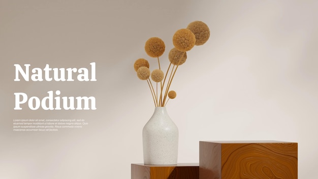Mimosa-Blumen auf einer Keramikvase 3D-Rendering leere Szene Block Holz textierte Podium in der Landschaft