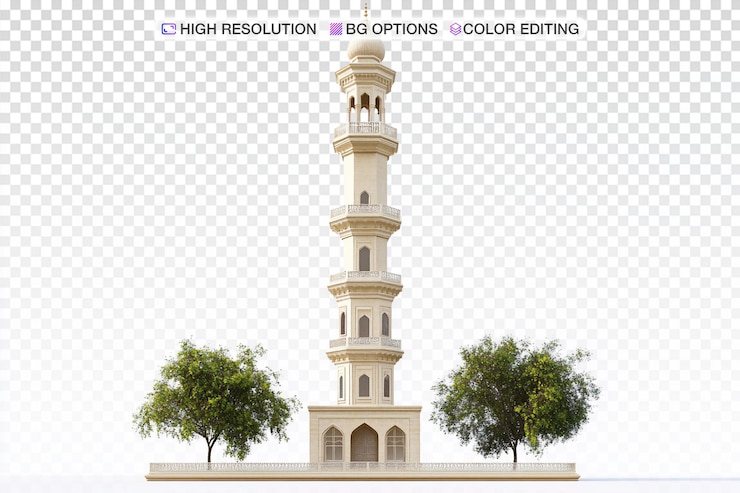 PSD minarete elegante y esbelto de la mezquita con patrones geométricos y balcones