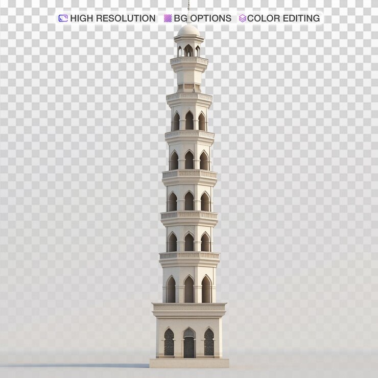 PSD minarete elegante y esbelto de la mezquita con patrones geométricos y balcones