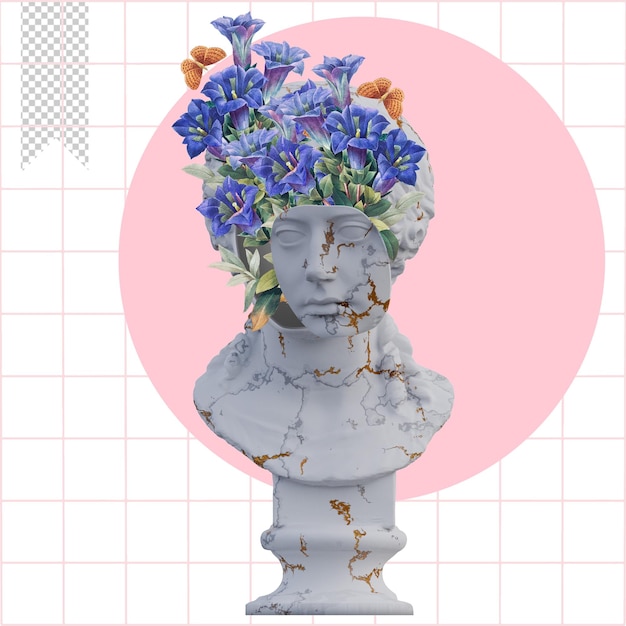 Minatia polla statuen 3d-rendering collage mit blütenblättern kompositionen für ihre arbeit