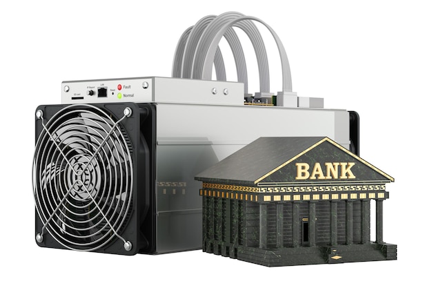 Minatore ASIC con rendering 3D dell'edificio bancario isolato su sfondo trasparente