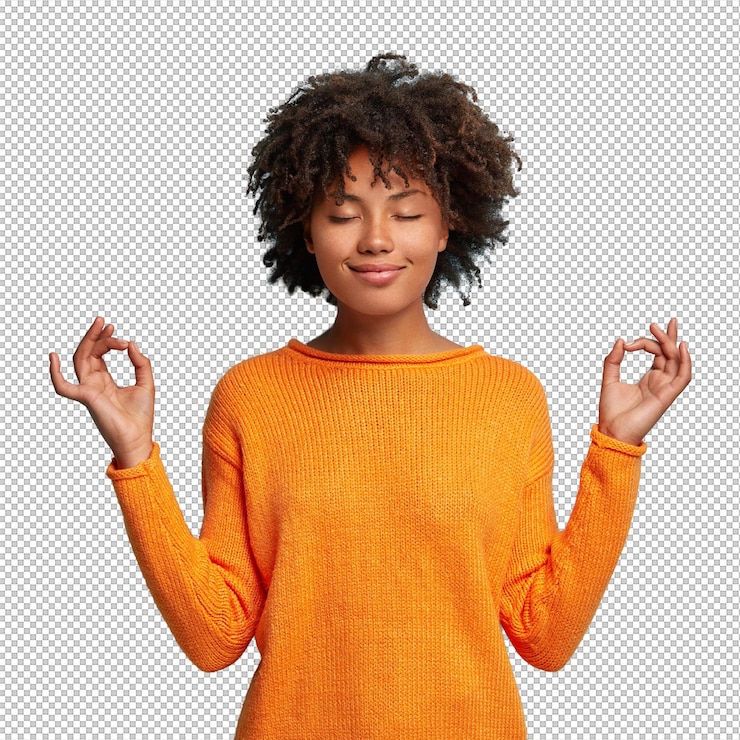 PSD mindful peaceful afro american woman meditates indoor keeps hands in mudra gesture has eyes closed