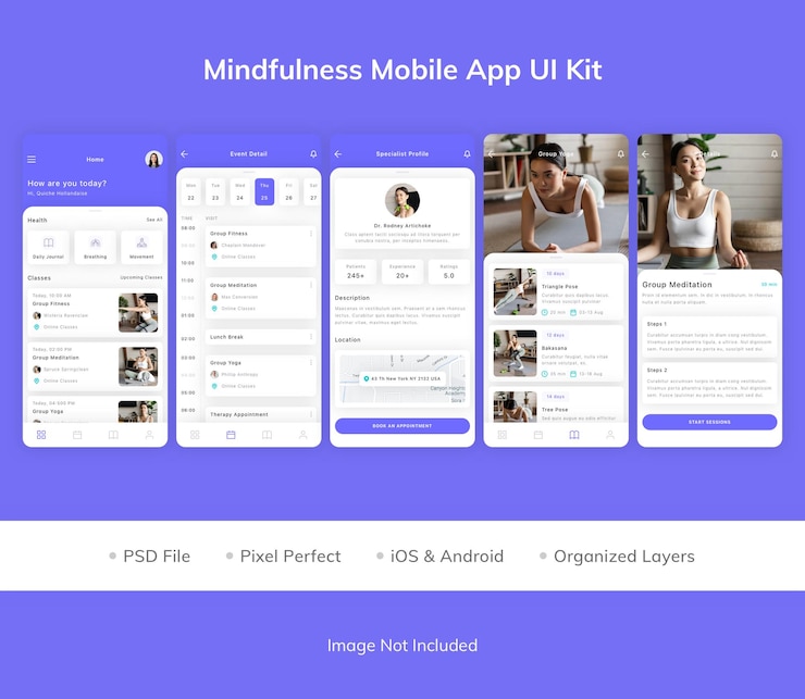 PSD mindfulness mobile app ui kit