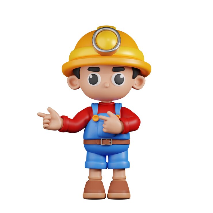 PSD mineiro de personagem 3d apontando os dedos na pose de direção