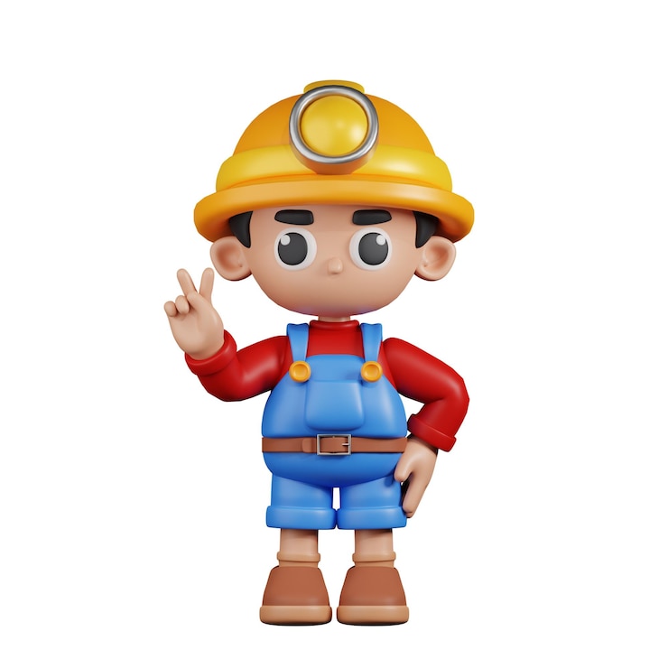 PSD mineiro de personagem 3d mostrando pose de sinal de paz