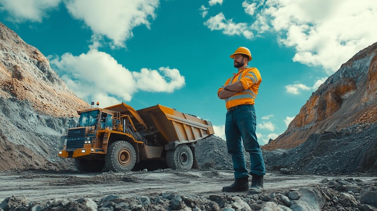 PSD un minero con equipo de seguridad se para con confianza al lado de un gran camión de minería en una mina a cielo abierto