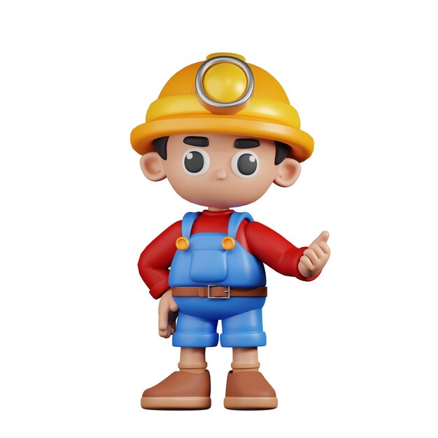 Minero de personaje 3D señalando la siguiente pose