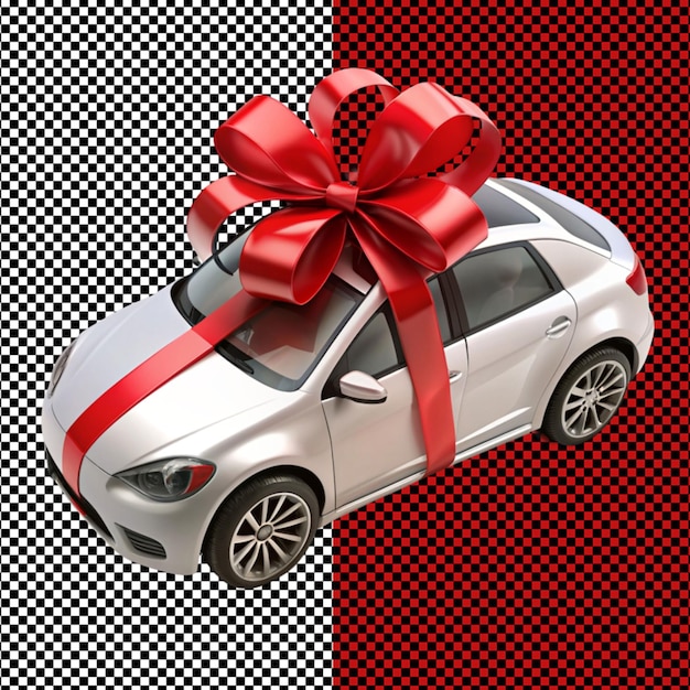 PSD mini car with gift ribbon on transparent background