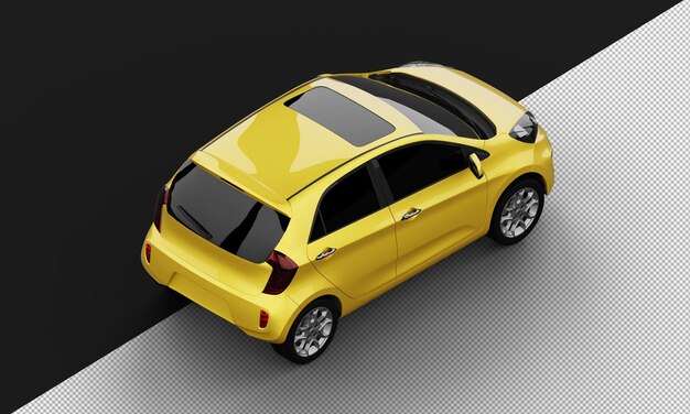 Mini carro urbano pequeno, realista, brilhante, amarelo metálico, da vista traseira superior direita
