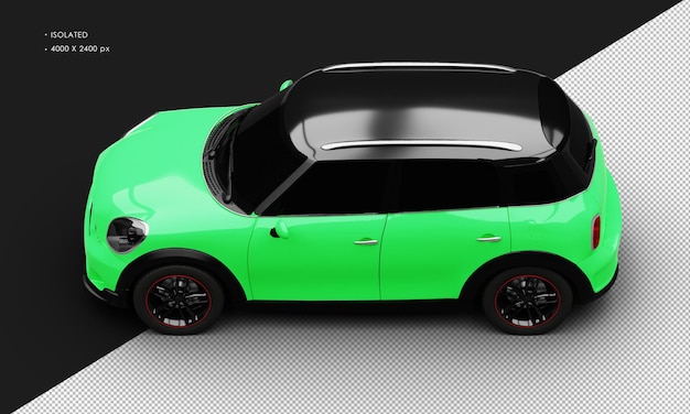 PSD mini city car verde brillante realista aislado desde la vista superior izquierda