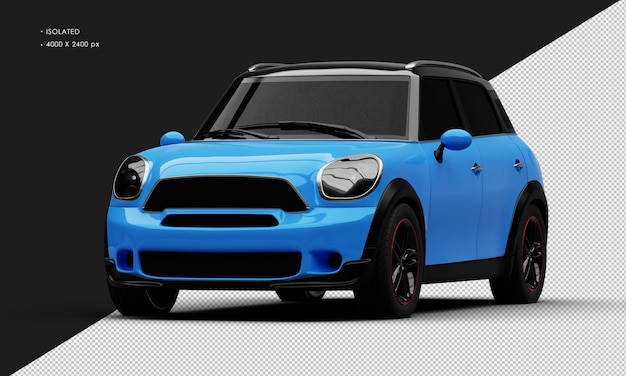 Mini coche de ciudad azul brillante realista aislado desde la vista del ángulo frontal izquierdo