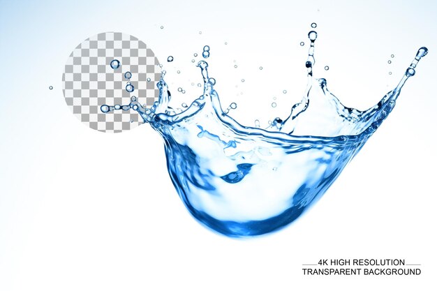 PSD mini forme complète d'une goutte d'eau sur un éclaboussure d'eau bleue sur un fond transparent
