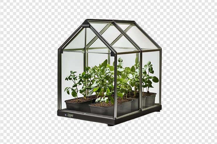 PSD mini invernadero con plantas de hierbas aisladas sobre un fondo transparente