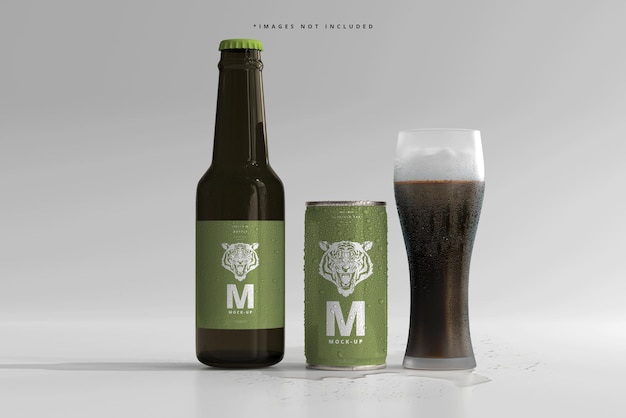 Mini lattina di soda o birra da 180 ml e bottiglia con mockup di gocce d'acqua