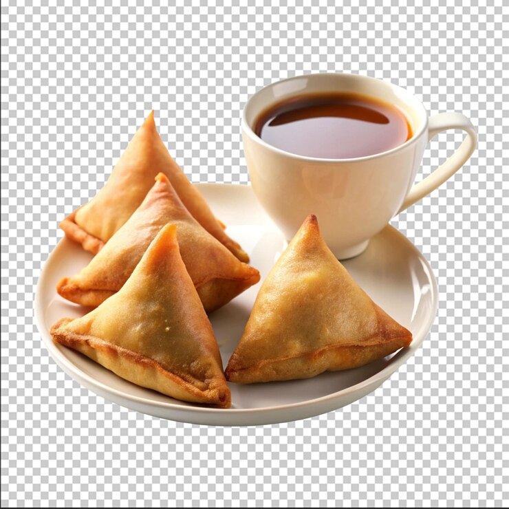 PSD mini o pequeña samosa con salsa y té caliente sobre fondo blanco