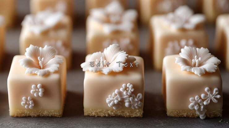 PSD mini pasteles de melocotón decorados con flores de fondante