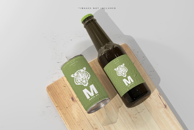 Mini refresco o lata de cerveza de 180 ml y botella con maquetas de gotas de agua