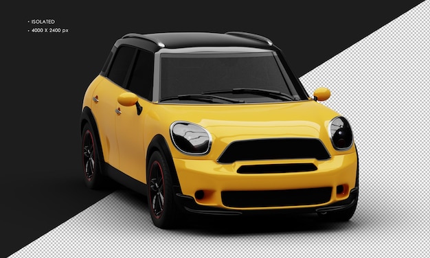 Mini Voiture De Ville Jaune Brillant Réaliste Isolé Depuis L'angle De Vue Avant Droit