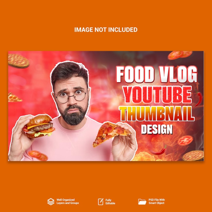 PSD miniatura di youtube del blog alimentare e modello di banner web per la revisione di qualsiasi alimento