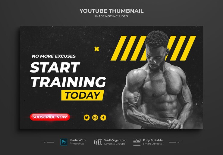 Miniatura do canal do youtube e modelo de banner da web para tonificação muscular e exercícios físicos