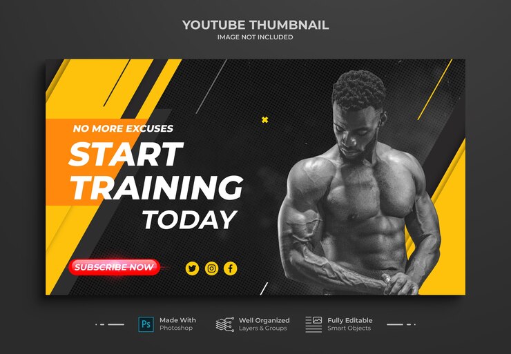 Miniatura do canal do youtube e modelo de banner da web para tonificação muscular e exercícios físicos