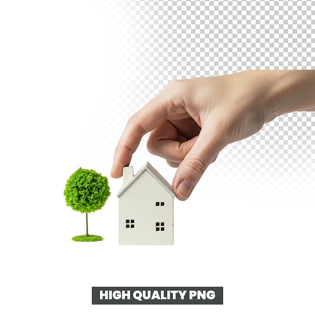 Miniaturhaus und Baum mit Hand halten umweltfreundliches Immobilienkonzept