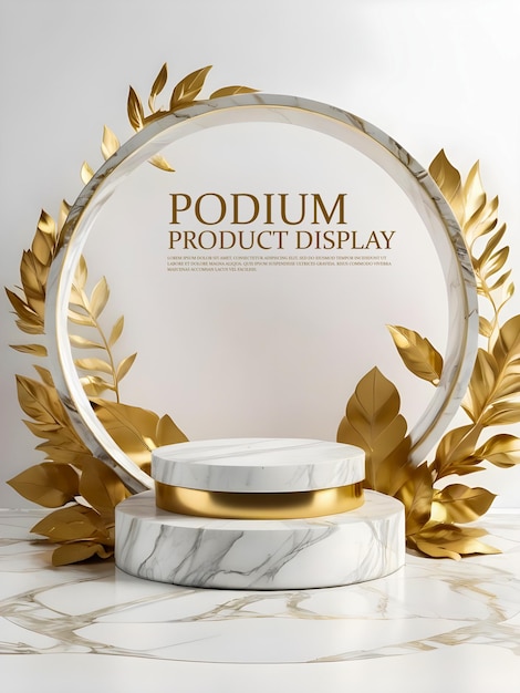 PSD minimal abstrait luxueux podium en marbre blanc et fond blanc à feuilles d'or