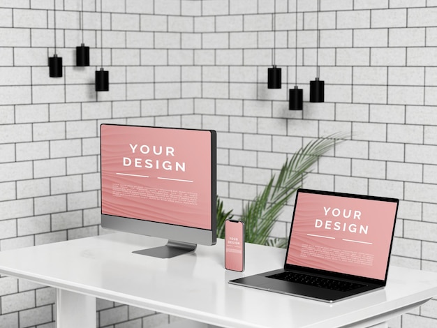 Minimal realistischer mockup-bildschirm für digitale geräte von desktop-computern, laptops und smartphones im büro