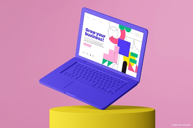 PSD minimal veränderbare farbige lehmmatte laptop-gerät notebook-bildschirm-design-mockup auf kreisförmigem podium