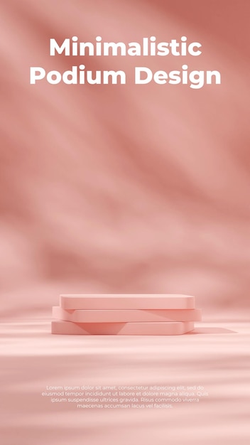 Minimale 3D-Renderszene eines rechteckigen Podiums im Hochformat mit pastellrosa Hintergrundwand