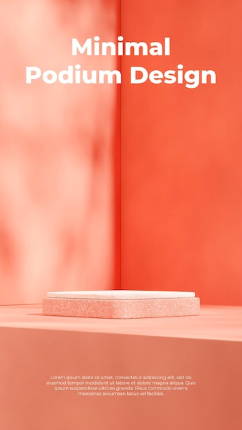 Minimale farbige Wand, 3D-Rendering, leeres Modell, weiß-orangefarbenes Terrazzo-Block-Podium im Porträt
