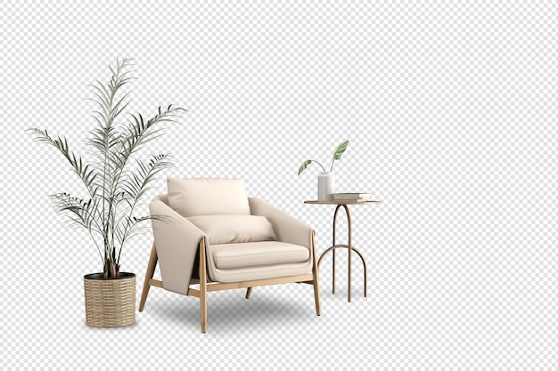 Minimaler sessel und pflanze in 3d-rendering