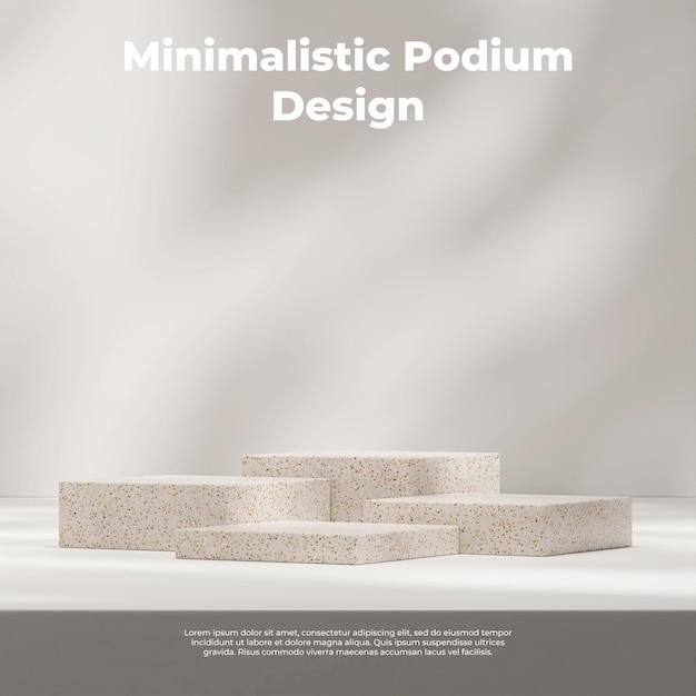 minimales 3d-rendermodell des quadratischen terrazzopodiums im quadrat mit sonnenschatten in der weißen wand