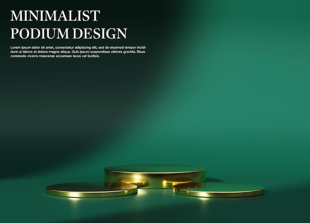 Minimales goldenes Podium für die Produktvorstellung, Stand, Sockel, Studio, grüne Hintergrundfarbe, 3D-Rendering