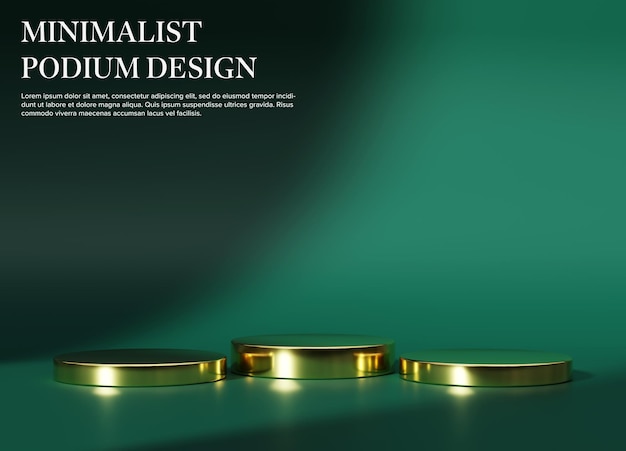 Minimales goldenes Podium für die Produktvorstellung, Stand, Sockel, Studio, grüne Hintergrundfarbe, 3D-Rendering