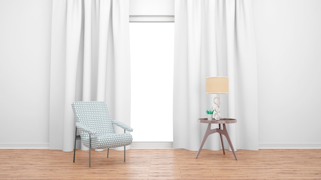 Minimales Wohnzimmer mit Einzelstuhl und Tisch über großem Fenster