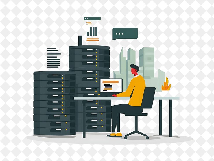 PSD minimalist database administrator with characters managing a png people in daily work illustration