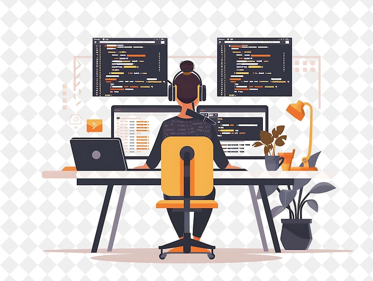 PSD minimalist programmer with characters coding and debugging s png people in daily work illustration