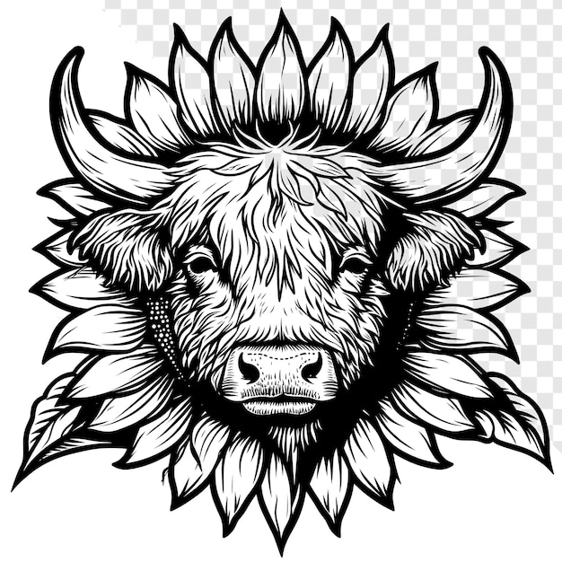 Minimalista Bold Highland Cow e Sunflower Sketch Art con sfondo trasparente