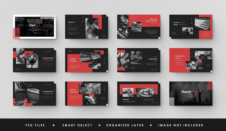 PSD minimalista nero rosso presentazione slide power point ppt pagina di destinazione keynote produzione musicale
