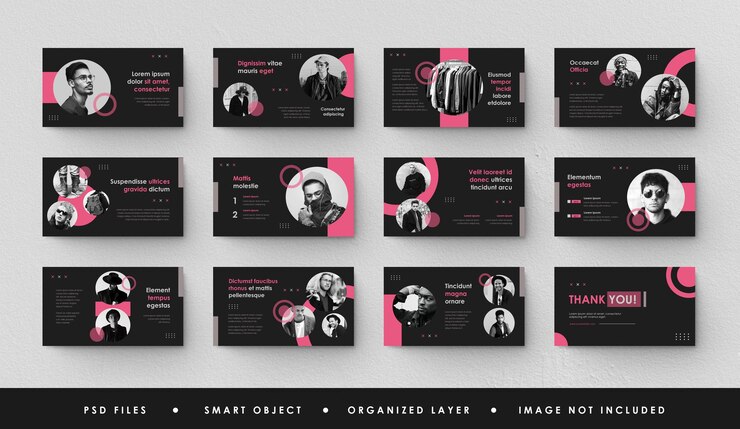 PSD minimalista rosa negro presentación de diapositivas power point ppt página de aterrizaje nota clave moda