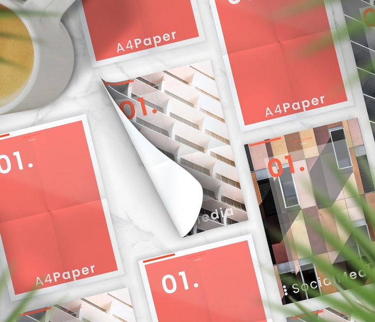 PSD minimalistic flat lay brochure collection mockup on marble table