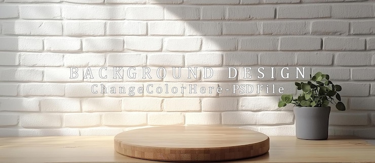 PSD minimalistic wooden platform against white brick wall