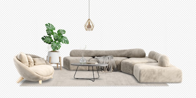 Minimalistische Einrichtungsgegenstände im Wohnzimmer in 3D-Rendering