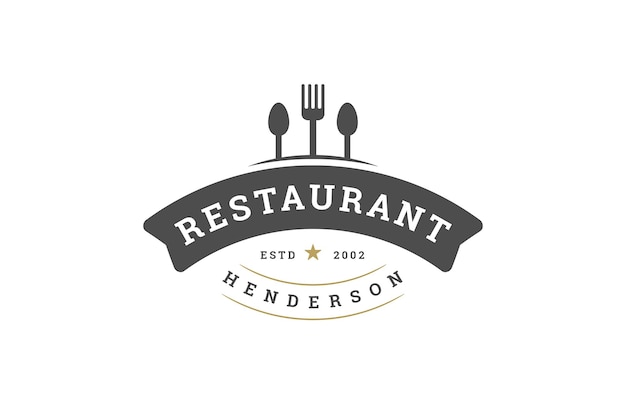 Minimalistische Gabel-Löffel-Messgeräte mit Band-Premium-Restaurant-Vintage-Logo-Design-Vorlage