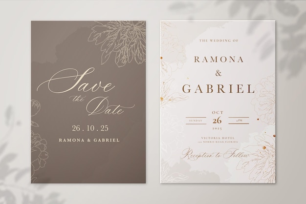 PSD minimalistische hochzeitseinladung und save the date mit braunem hintergrund